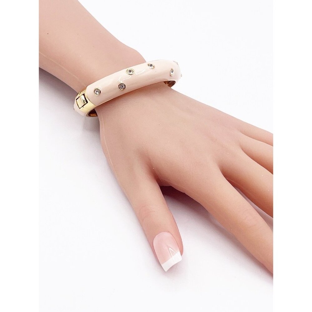 J.Crew Gold Tone Pale Pink Rhinestone Hinged 1/2” Wide Statement Bangle Bracelet